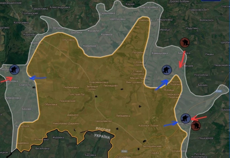 Обновлённая карта боевых действий на Украине по данным на 13:00 мск сегодня, 18.08.2024